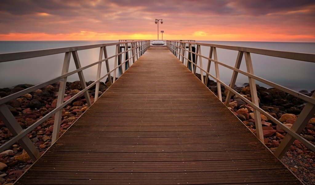 Обои небо, облака, мостик, закат, море, горизонт, пирс, причал, the sky, clouds, the bridge, sunset, sea, horizon, pierce, pier разрешение 5184x3456 Загрузить