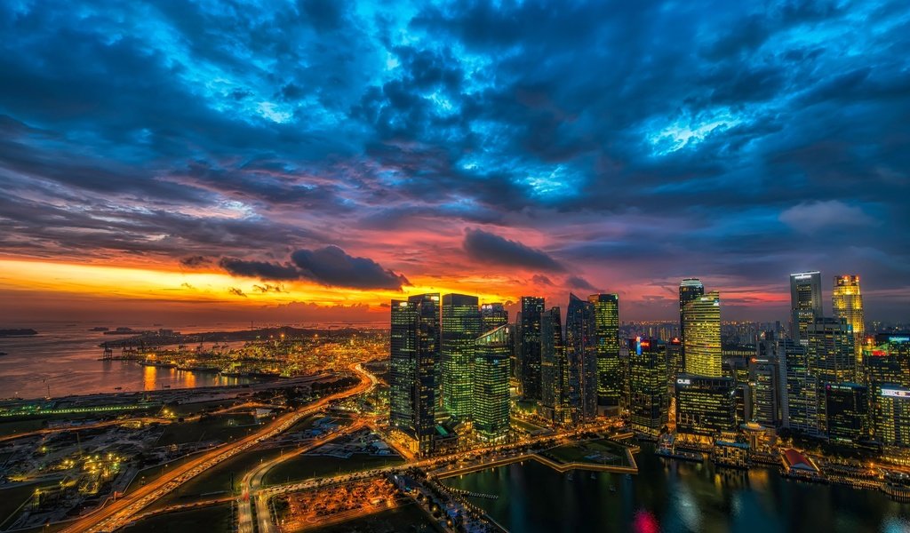 Обои облака, закат, город, небоскребы, мегаполис, сингапур, clouds, sunset, the city, skyscrapers, megapolis, singapore разрешение 3840x2160 Загрузить