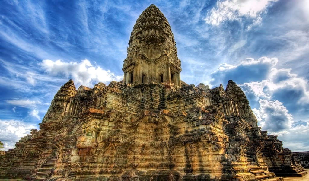 Обои небо, облака, храм, азия, камбоджа, ангкор ват, ангкор, the sky, clouds, temple, asia, cambodia, angkor wat разрешение 1920x1080 Загрузить