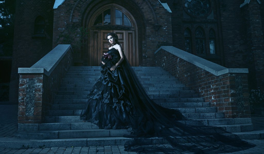 Обои девушка, креатив, церковь, готика, черное платье, girl, creative, church, gothic, black dress разрешение 1920x1200 Загрузить