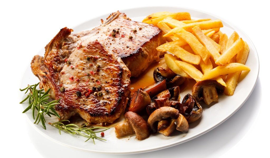 Обои зелень, грибы, мясо, стейк, картофель фри, greens, mushrooms, meat, steak, french fries разрешение 5616x3744 Загрузить