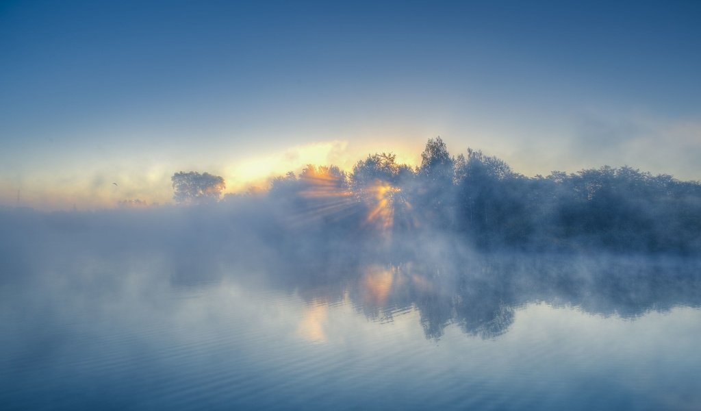 Обои небо, облака, деревья, вода, закат, пейзаж, туман, the sky, clouds, trees, water, sunset, landscape, fog разрешение 1920x1200 Загрузить