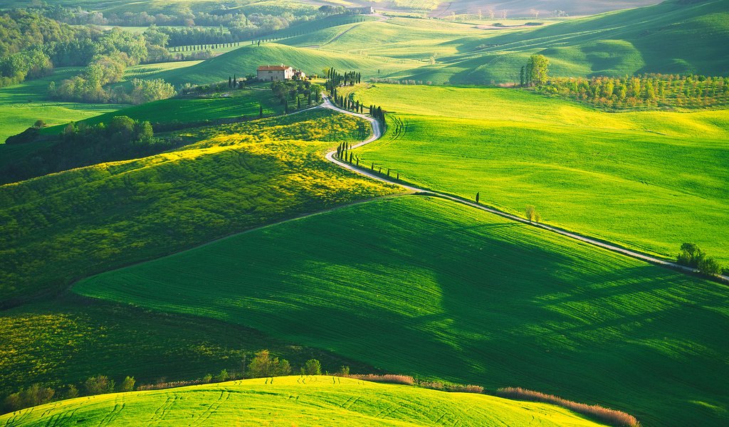 Обои холмы, природа, пейзаж, поля, италия, ферма, тоскана, сельское хозяйство, hills, nature, landscape, field, italy, farm, tuscany разрешение 1920x1200 Загрузить
