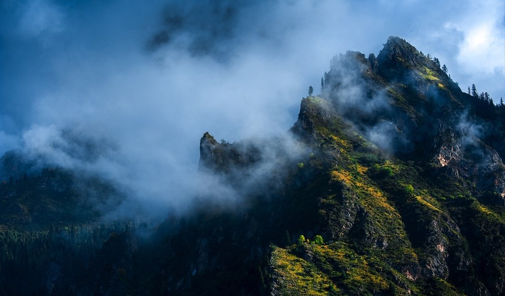 Обои горы, лес, туман, каменный город, дэн donglin, mountains, forest, fog, stone town, deng donglin разрешение 1920x1268 Загрузить