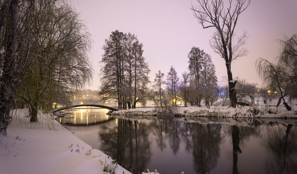 Обои река, природа, зима, пейзаж, парк, мост, river, nature, winter, landscape, park, bridge разрешение 3840x2400 Загрузить