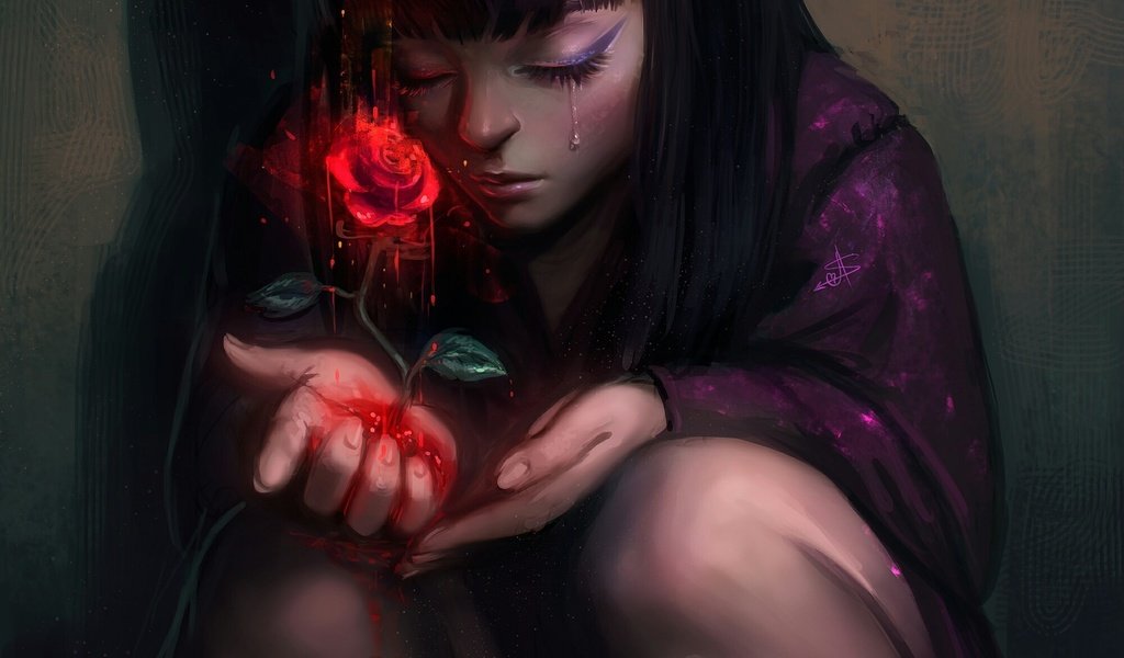 Обои арт, кровь, роза, девочка, слеза, судьба, art, blood, rose, girl, tear, destiny разрешение 2000x1312 Загрузить