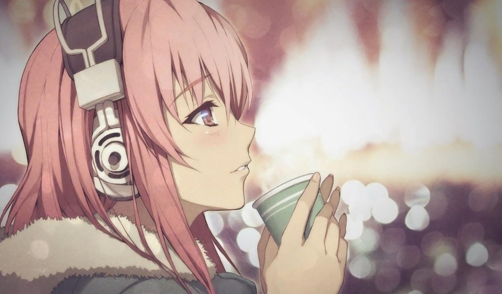 Обои девушка, аниме, наушники, кружка, чай, girl, anime, headphones, mug, tea разрешение 1920x1080 Загрузить