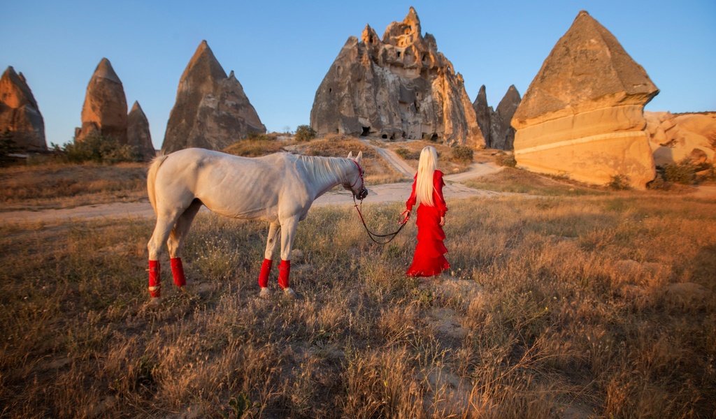 Обои лошадь, скалы, девушка, настроение, блондинка, красное платье, horse, rocks, girl, mood, blonde, red dress разрешение 2048x1365 Загрузить
