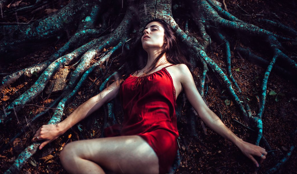 Обои дерево, лес, девушка, платье, сон, корни, отдых, tree, forest, girl, dress, sleep, roots, stay разрешение 2000x1125 Загрузить