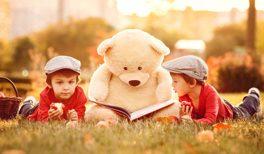 Обои трава, природа, медведь, дети, игрушка, книга, мальчики, grass, nature, bear, children, toy, book, boys разрешение 6000x4000 Загрузить