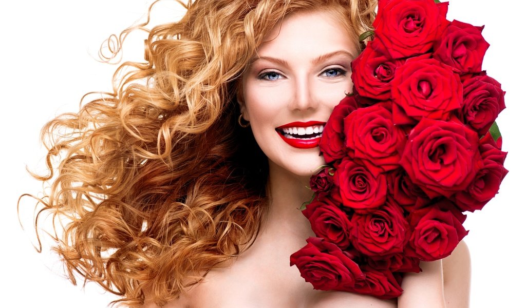 Обои цветы, лицо, девушка, макияж, улыбка, красные губы, розы, кудрявая, взгляд, рыжая, модель, букет, flowers, face, girl, makeup, smile, red lips, roses, curly, look, red, model, bouquet разрешение 7160x4912 Загрузить