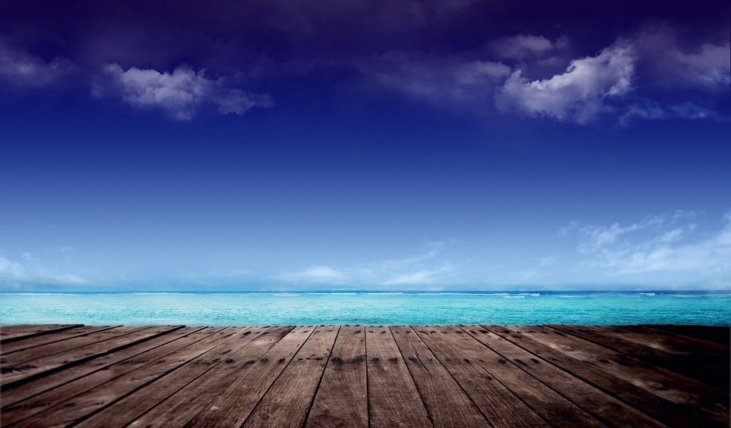 Обои небо, облака, море, горизонт, деревянная поверхность, the sky, clouds, sea, horizon, wooden surface разрешение 2880x1920 Загрузить