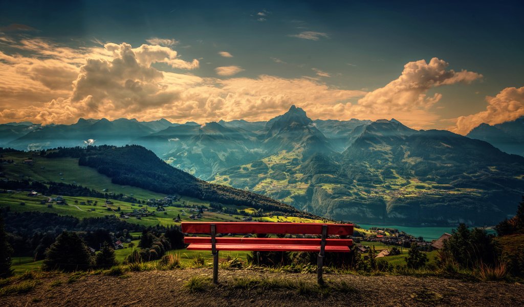 Обои небо, облака, горы, природа, пейзаж, панорама, скамейка, лавка, the sky, clouds, mountains, nature, landscape, panorama, bench, shop разрешение 5616x3370 Загрузить