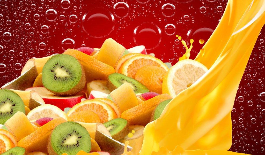 Обои капли, сок, фрукты, яблоки, апельсины, пузыри, дольки, киви, цитрусы, drops, juice, fruit, apples, oranges, bubbles, slices, kiwi, citrus разрешение 5120x3415 Загрузить