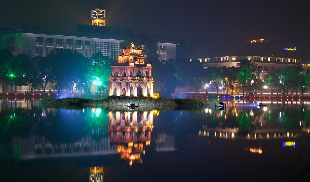 Обои ночь, огни, отражение, город, вьетнам, ханой, night, lights, reflection, the city, vietnam, hanoi разрешение 1920x1200 Загрузить