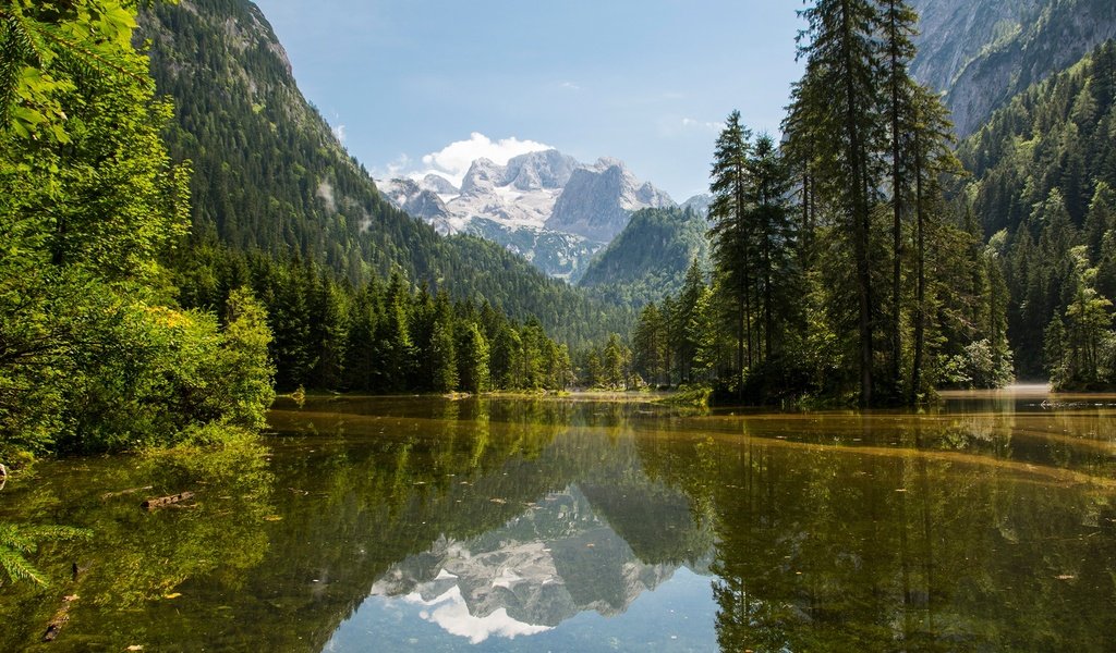 Обои небо, gosau, деревья, озеро, горы, скалы, солнце, лес, австрия, the sky, trees, lake, mountains, rocks, the sun, forest, austria разрешение 2048x1365 Загрузить