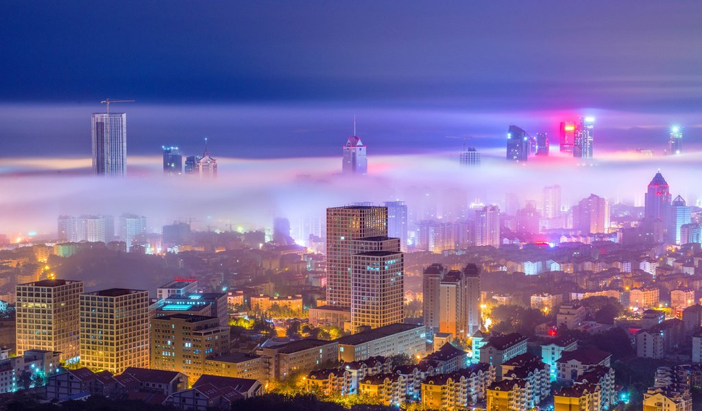 Обои ночь, огни, туман, город, китай, циндао, night, lights, fog, the city, china, qingdao разрешение 1920x1200 Загрузить
