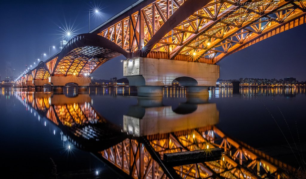 Обои огни, отражение, мост, город, сеул, южная корея, lights, reflection, bridge, the city, seoul, south korea разрешение 1920x1200 Загрузить