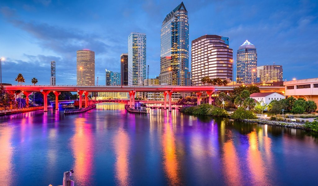 Обои ночь, огни, мост, город, сша, штат флорида, тампа, night, lights, bridge, the city, usa, florida, tampa разрешение 1920x1200 Загрузить