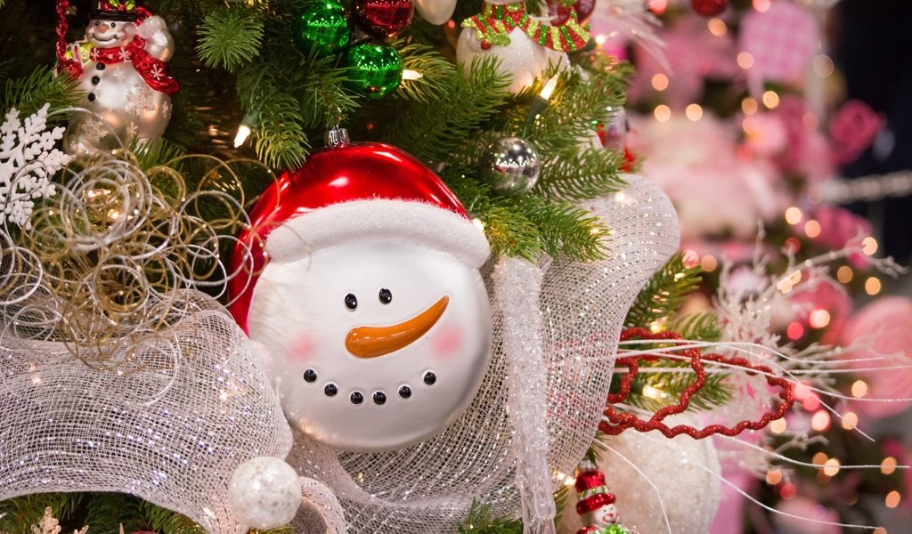 Обои новый год, елка, снеговик, рождество, елочные игрушки, new year, tree, snowman, christmas, christmas decorations разрешение 1920x1200 Загрузить