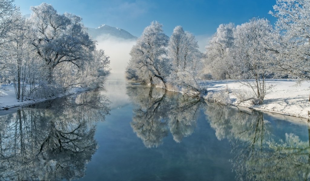 Обои деревья, река, зима, отражение, иней, trees, river, winter, reflection, frost разрешение 1920x1200 Загрузить