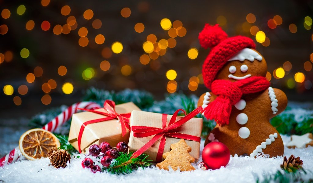Обои снег, новый год, подарки, шишки, печенье, snow, new year, gifts, bumps, cookies разрешение 4000x2667 Загрузить