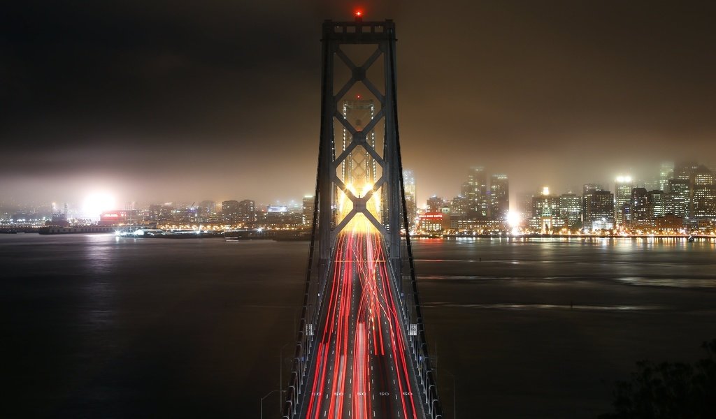 Обои ночь, огни, мост, город, сша, сан-франциско, калифорния, bay bridge, бэй бридж, night, lights, bridge, the city, usa, san francisco, ca разрешение 3840x2160 Загрузить