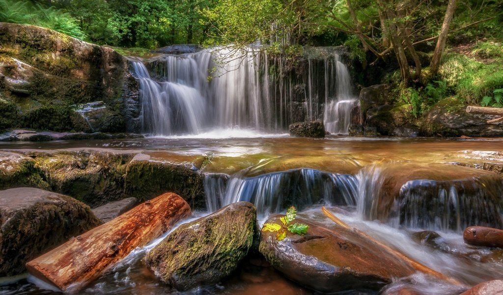 Обои камни, лес, водопад, уэльс, ллансантфраед, stones, forest, waterfall, wales, llansantffraed разрешение 2048x1152 Загрузить