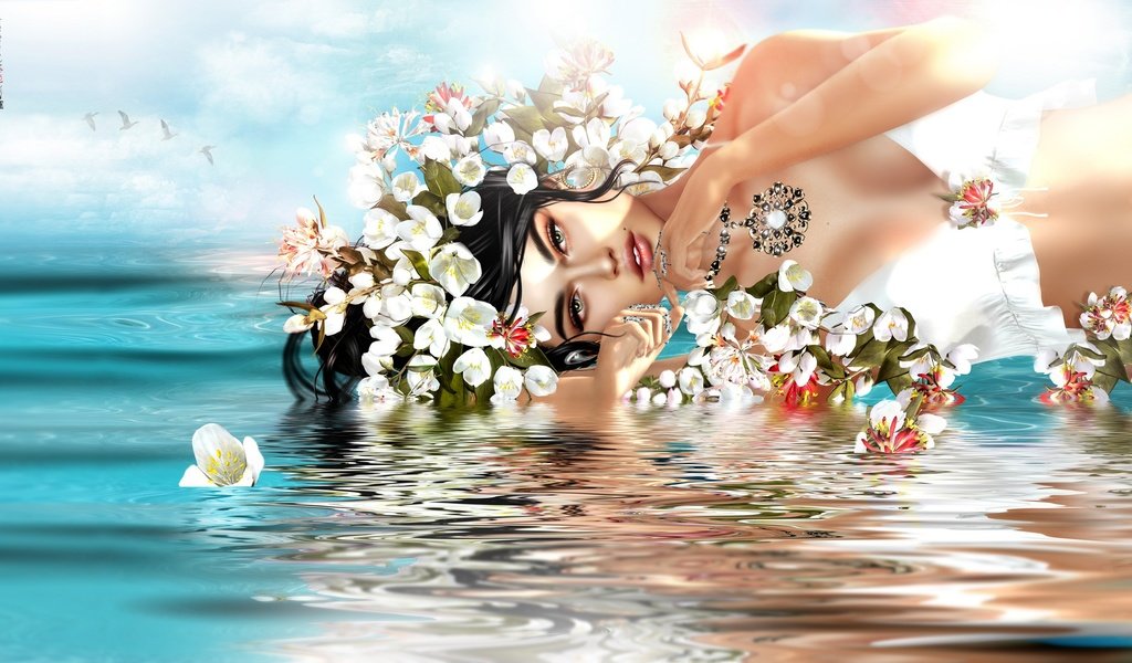 Обои цветы, вода, девушка, взгляд, волосы, лицо, flowers, water, girl, look, hair, face разрешение 2048x1162 Загрузить