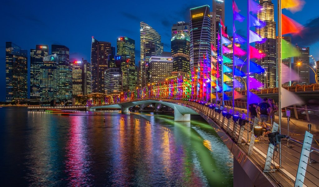 Обои мост, jubilee bridge, залив, дома, ночной город, здания, флажки, сингапур, марина-бэй, bridge, bay, home, night city, building, flags, singapore, marina bay разрешение 2048x1367 Загрузить