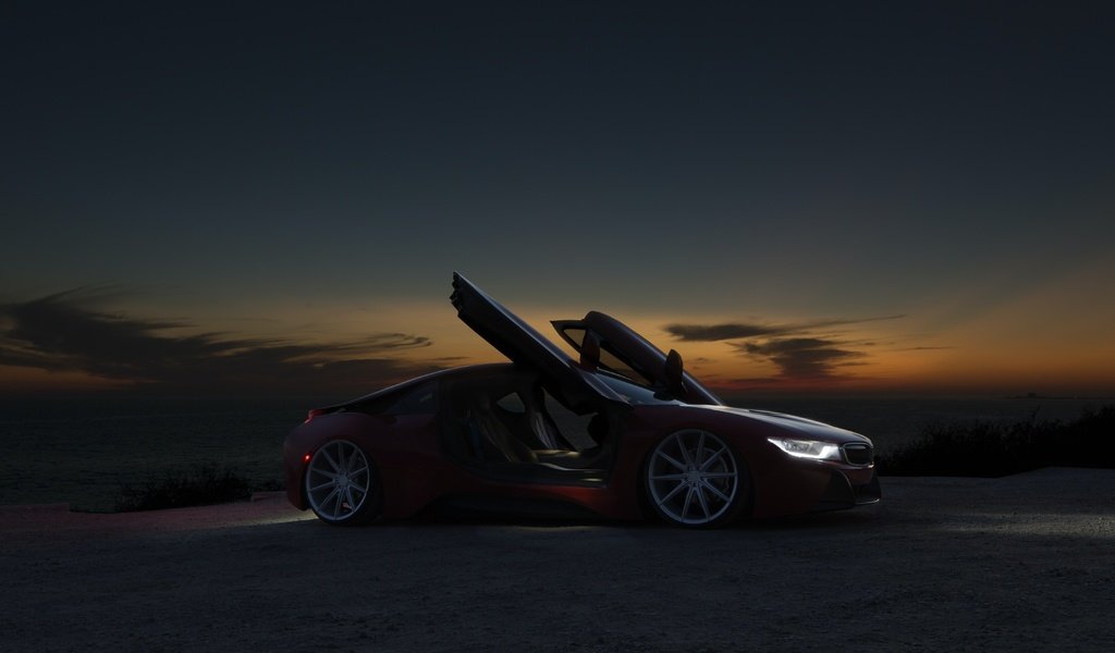 Обои ночь, красная, спорткар, бмв, bmw i8, night, red, sports car, bmw разрешение 5708x3808 Загрузить