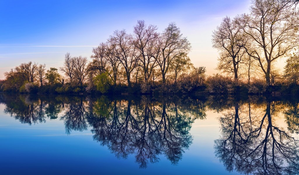 Обои небо, деревья, озеро, природа, отражение, the sky, trees, lake, nature, reflection разрешение 7680x4270 Загрузить