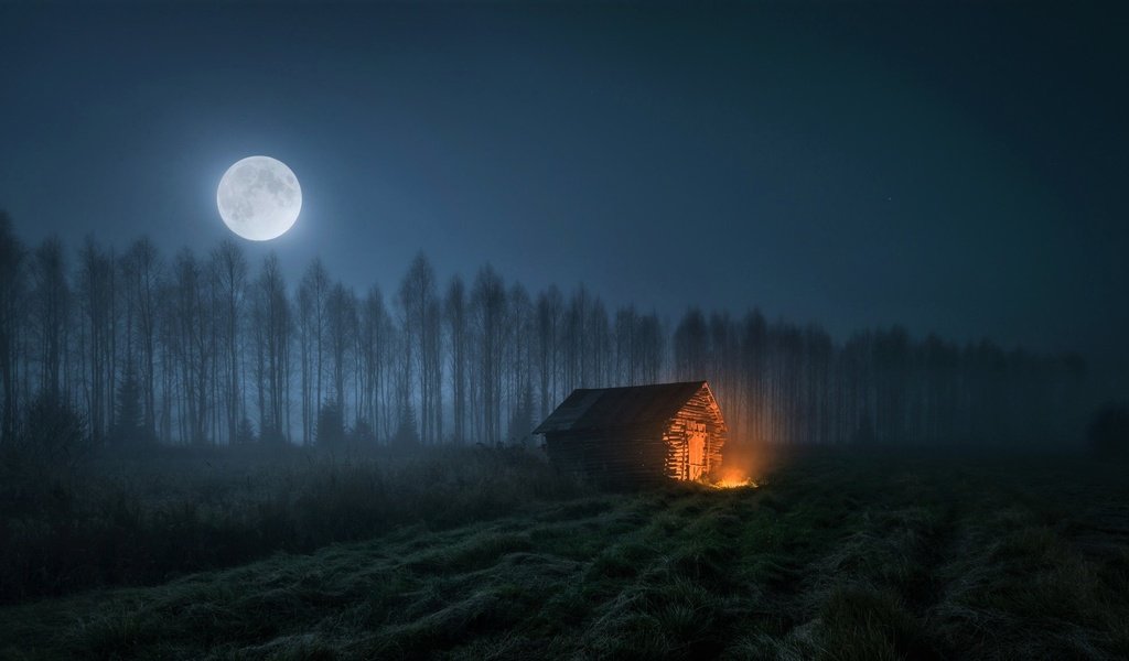 Обои ночь, деревья, луна, огонь, дом, night, trees, the moon, fire, house разрешение 2048x1152 Загрузить