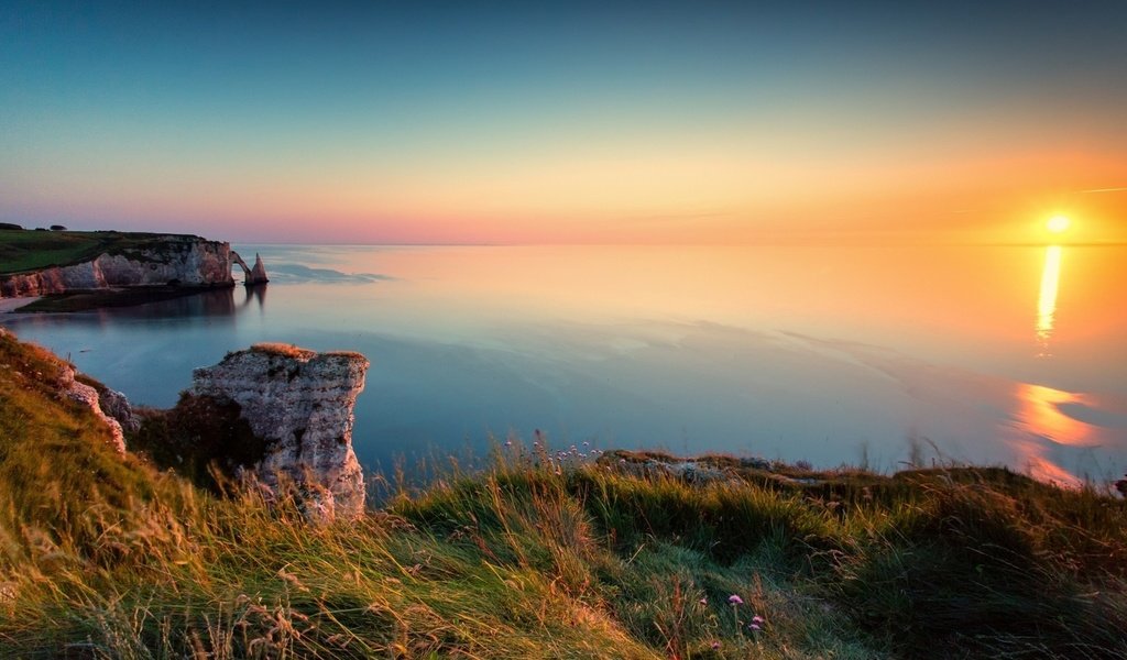 Обои скалы, закат, море, побережье, франция, каньен, этрета, rocks, sunset, sea, coast, france, canyon, étretat разрешение 1920x1080 Загрузить