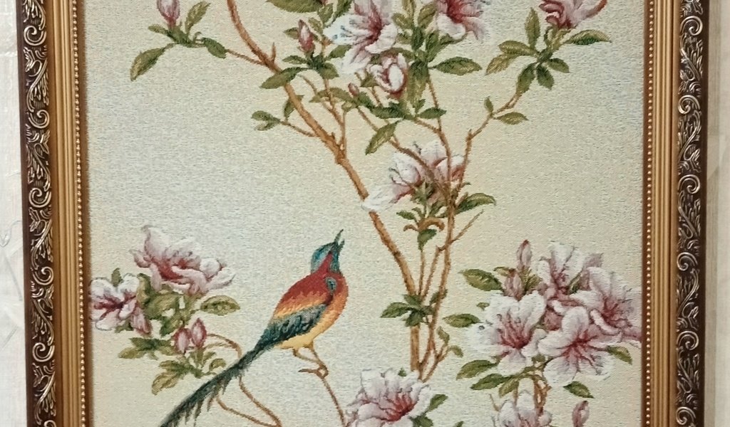 Обои картина, цветущая сакура, райская птица, гобелен, picture, cherry blossoms, bird of paradise разрешение 2000x4160 Загрузить