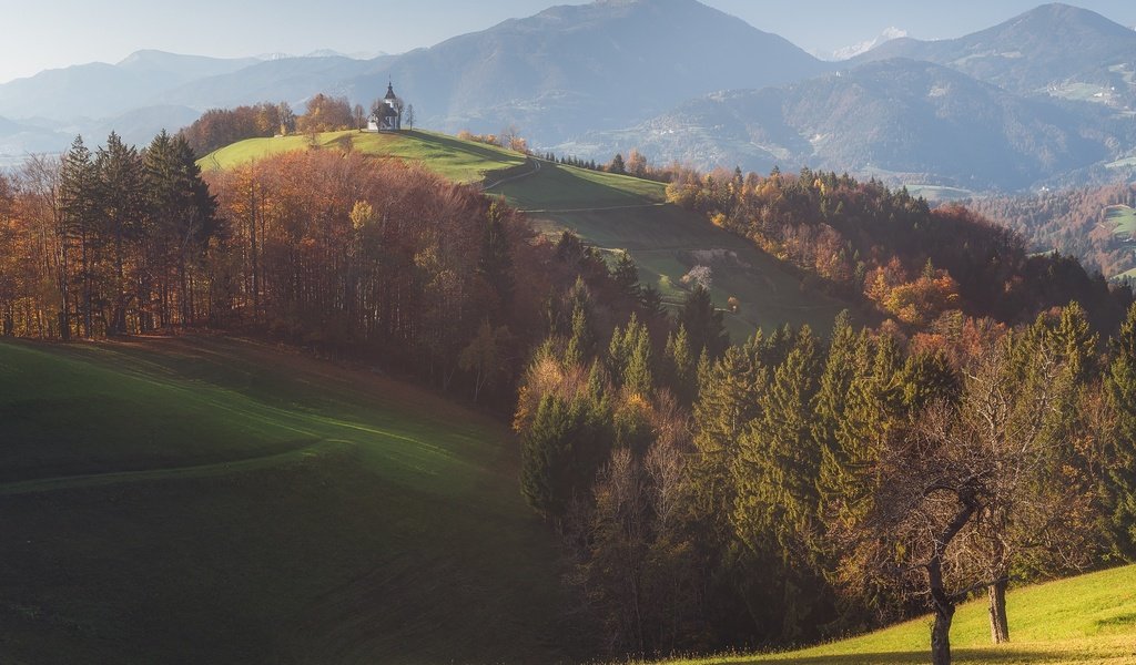 Обои деревья, горы, солнце, лес, вид, осень, церковь, trees, mountains, the sun, forest, view, autumn, church разрешение 2000x1500 Загрузить