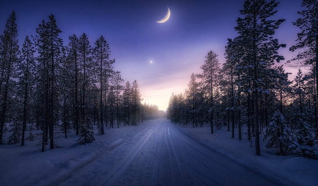 Обои дорога, зима, луна, road, winter, the moon разрешение 3840x2160 Загрузить