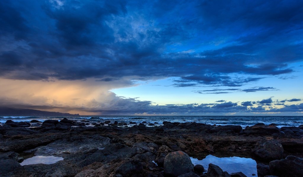 Обои небо, камни, берег, пейзаж, море, the sky, stones, shore, landscape, sea разрешение 3840x2160 Загрузить