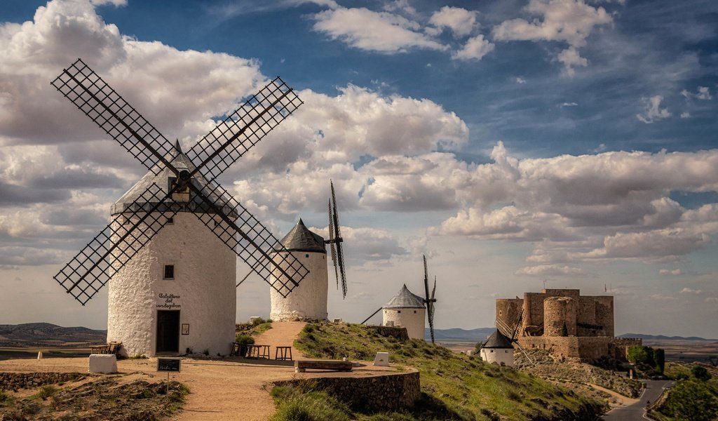 Обои замок, испания, ветряная мельница, castle, spain, windmill разрешение 3780x2363 Загрузить