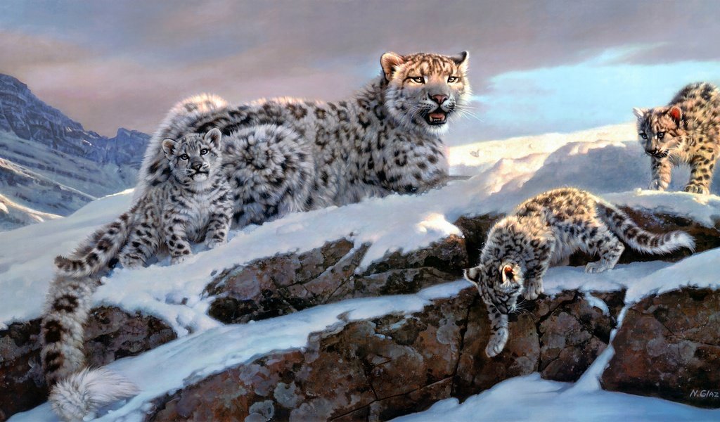 Обои зима, снежные барсы, nancy glazier, winter, snow leopards разрешение 4366x2178 Загрузить