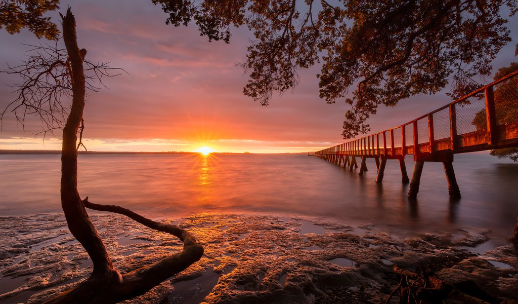 Обои небо, облака, вода, закат, пейзаж, море, горизонт, пирс, the sky, clouds, water, sunset, landscape, sea, horizon, pierce разрешение 4094x2730 Загрузить