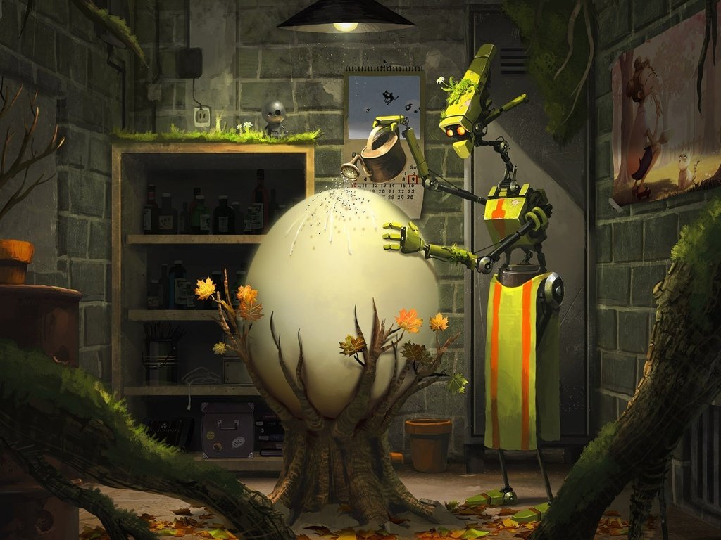 Обои робот, фантазия, жизнь, растение, забота, яйцо, goro fujita - hidden nature, robot, fantasy, life, plant, care, egg разрешение 1920x1200 Загрузить