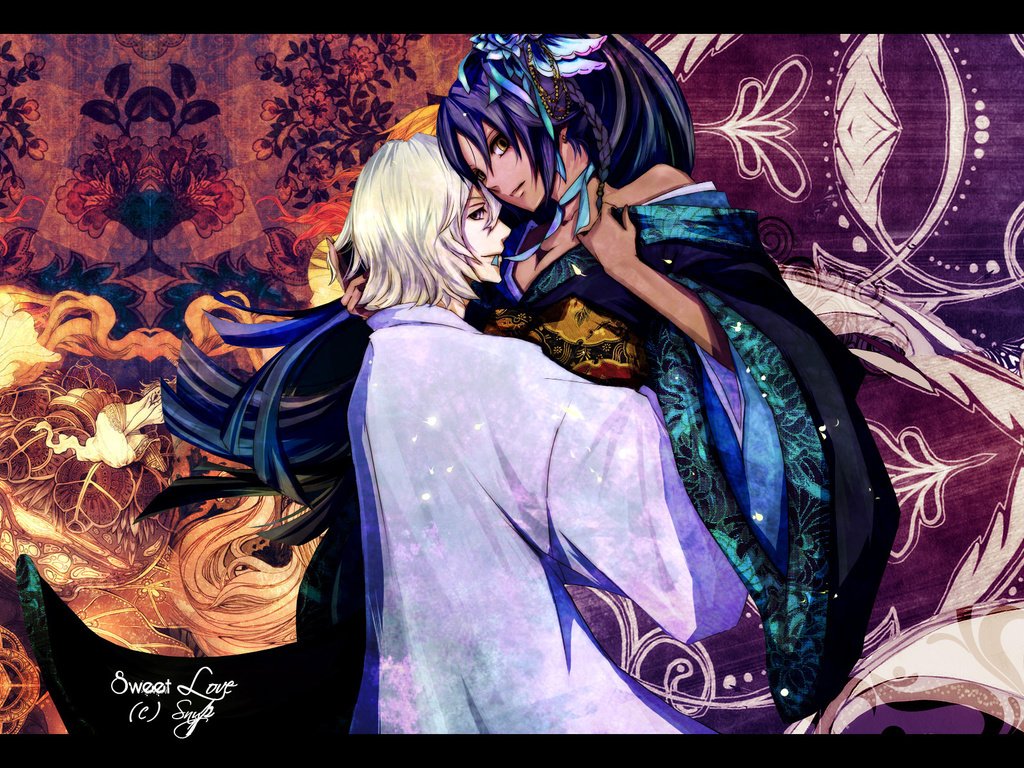 Обои цветы, узоры, двое, кимоно, объятия, блич, shihouin yoruichi, kisuke urahara, flowers, patterns, two, kimono, hugs, bleach разрешение 1920x1200 Загрузить