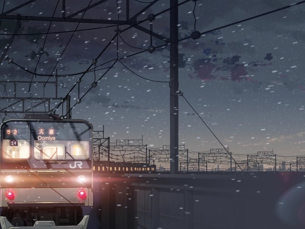 Обои снег, макото синкай, 5 сантиметров в секунду, поезд, snow, makoto xingkai, 5 centimeters per second, train разрешение 1920x1080 Загрузить