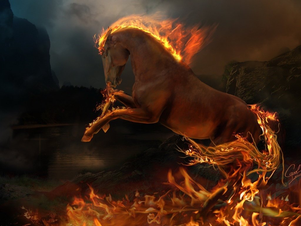 Обои пламя, огонь, животное, конь, flame, fire, animal, horse разрешение 1920x1200 Загрузить