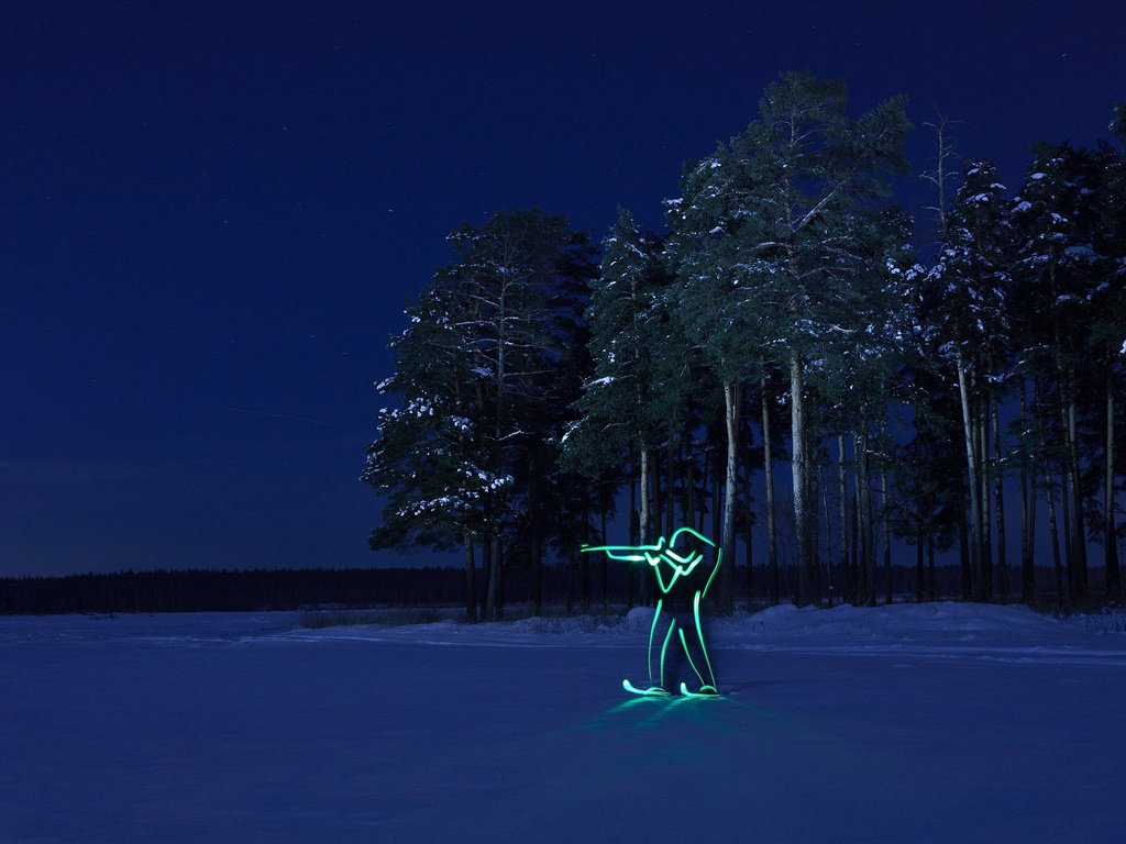 Обои ночь, лес, зима, олимпиада, силуэт, биатлон, night, forest, winter, olympics, silhouette, biathlon разрешение 1920x1280 Загрузить