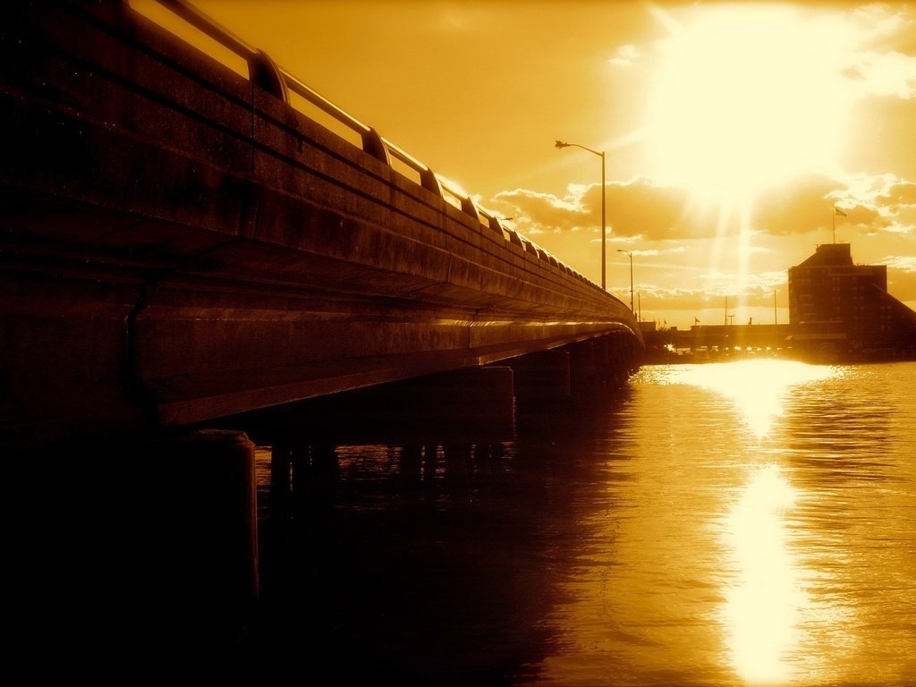 Обои вода, закат, мост, water, sunset, bridge разрешение 1920x1200 Загрузить