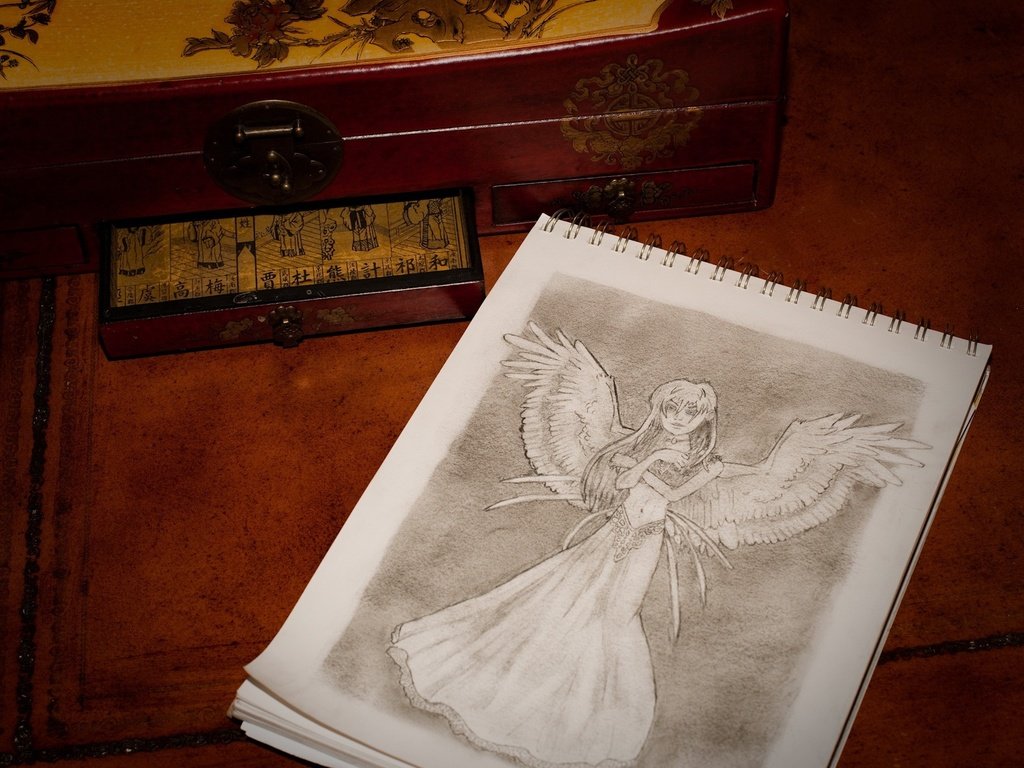 Обои рисунок, крылья, ангел, блокнот, шкатулка, figure, wings, angel, notepad, box разрешение 1920x1440 Загрузить