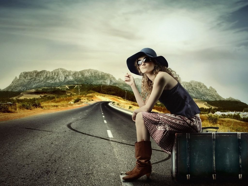 Обои дорога, горы, девушка, чемодан, road, mountains, girl, suitcase разрешение 1920x1200 Загрузить