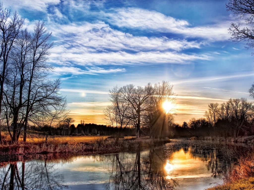 Обои деревья, река, закат, весна, берега, trees, river, sunset, spring, bank разрешение 1920x1200 Загрузить